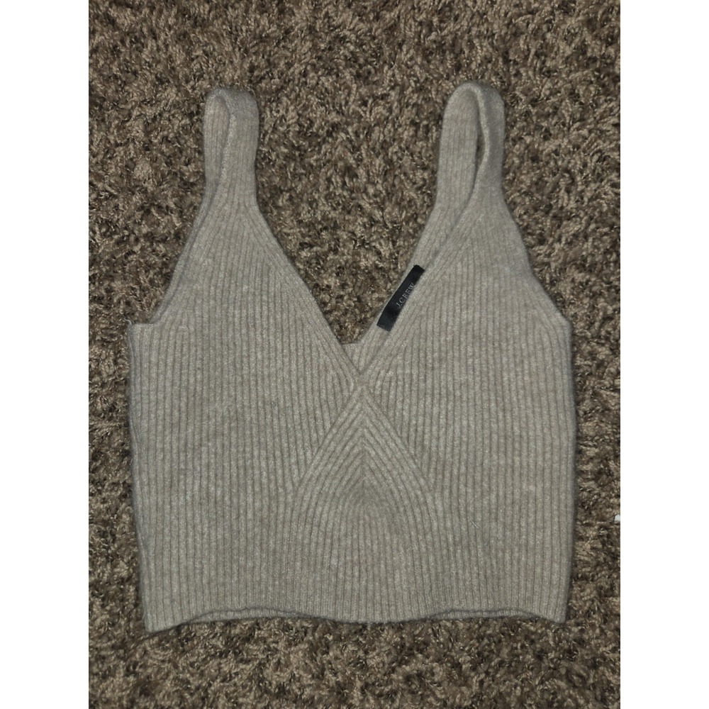 J.Crew Cashmere Cropped Knit Sweater Tank Top XS Beige Taupe V-Neck Read Flaw